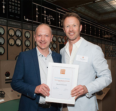 Dougie Christie MD at Edmundson Electrical receiving the 2025 Engagement Award from EDA President, David Moore Dougie Christie MD at Edmundson Electrical receiving the 2025 Engagement Award from EDA President, David Moore