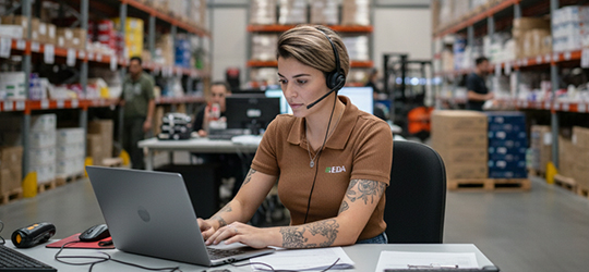Young-woman-working-at-desk-with-a-PC-in-a-warehouse
