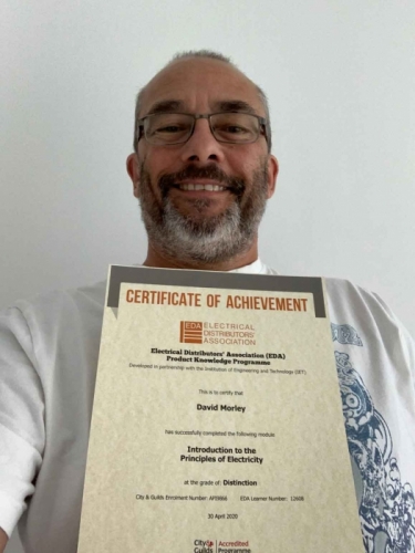 David Morley from Electrium Sales, with his EDA Certificate of Achievement. David gained a Distinction for his first module Introduction to the Principles of Electricity