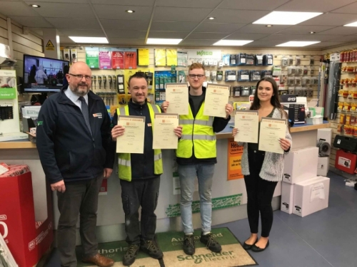 Edmundson,Redditch, Megan Wilkes (far right), Rory Harrison (second right) and Bradley-Quirke (second left), with their Manager Nigel Whitehouse (far left)