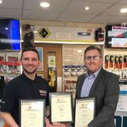 Ryan Potts (l) of Edmundson Electrical, Sunderland, receiving certificate from his manager Andy O'Hair (r). Ryan says "The Modules have helped me gain confidence when discussing products with customers, and understanding what they require when serving on the trade counter."
