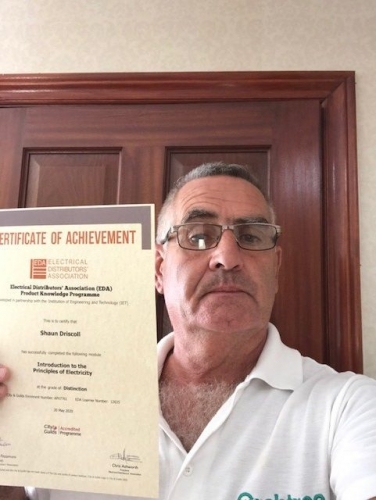 Area Sales Manager, Shaun Driscoll, from Electrium Sales. Richard received a Distinction for his first module, Introduction to Principles of Electricity