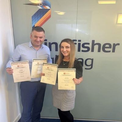 Andy Campion with his manager Ebony Shuttleworth, from Kingfisher Lighting Ltd (Luceco Group). Andy has achieved the following Product Knowledge Modules: 	Lighting (Introduction), Customer Services, 	Lighting (Systems and Controls) and 	Introduction to the Principles of Electricity.