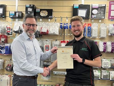 John Boyd, Brach Manager at Edmundson Electrical Ltd (Portadown branch)  presenting Dean Acheson the Product Knowledge Module: Lighting (Introduction) Dean has achieved a Distinction for this module. 
