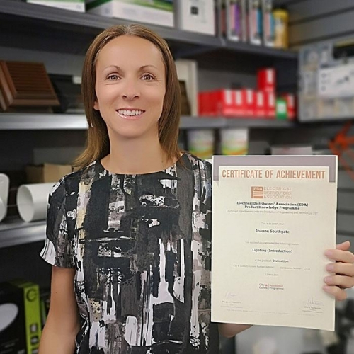Jo Southgate, Managing Director at M.D.E. Electrical Supplies in Ipswich with one of several Distrinction certificates!