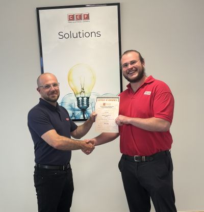 Leo Simms being presented his second EDA  Product Knowledge Module: Distribution Switchgear and Protection by Branch Manager, Ben Wheeler. Leo has achieved a Distinction.