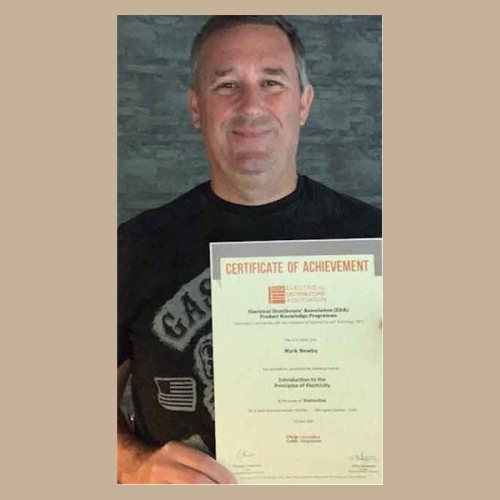 Mark Newby, Sales Engineer at Electrium, with EDA Certificate of Achievement for module Introduction to the Principles of Electricity
