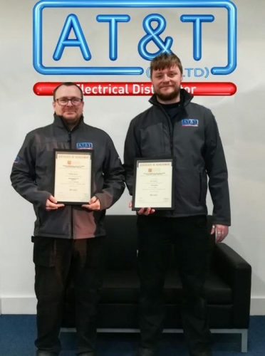 Matthew Gardner and Ryan Jackson from A T & T (GB) Ltd with their Product Knowledge Module certificate. 